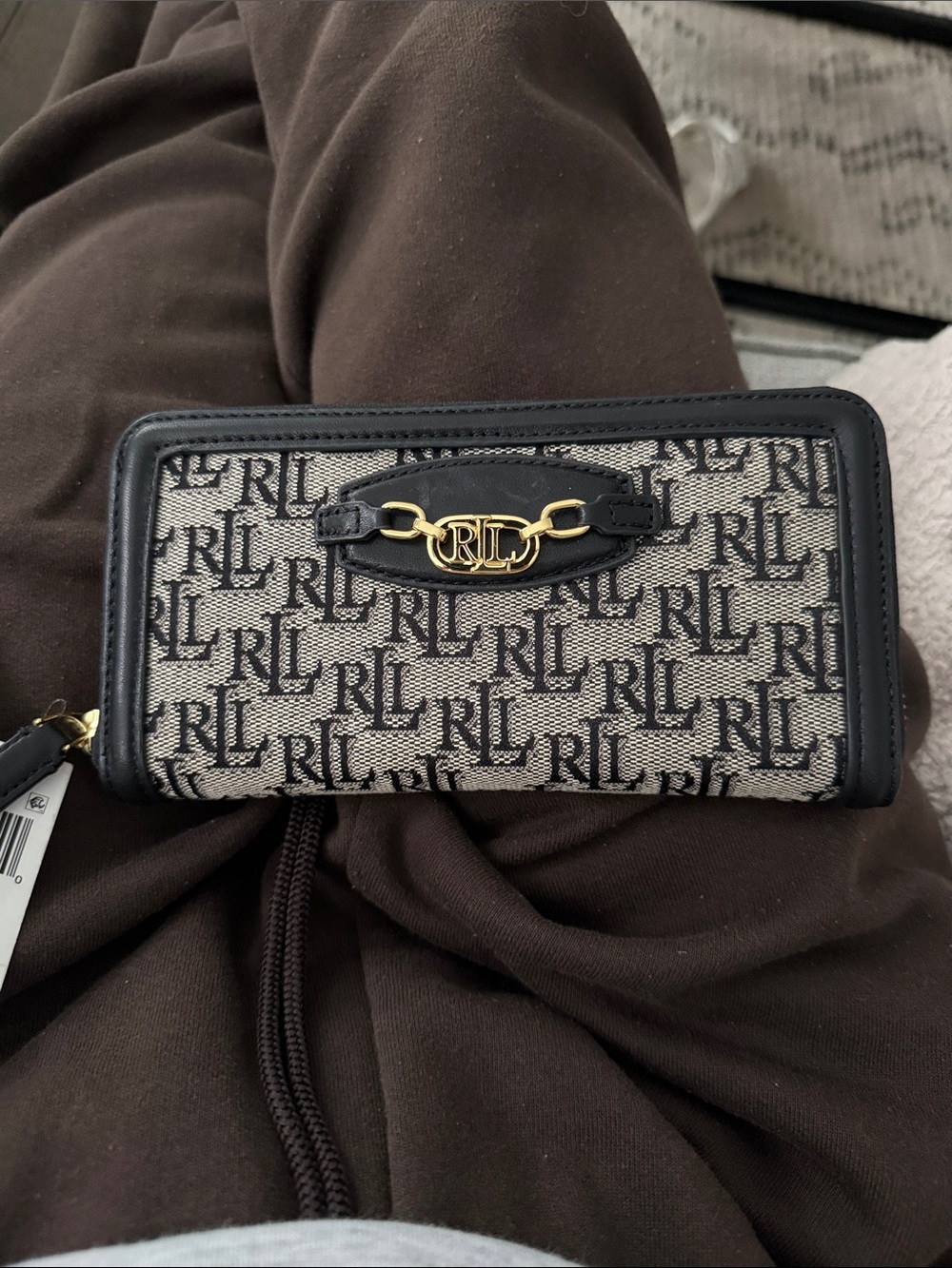 Ralph Lauren Black and Beige RL Monogram Zip-Around Wallet